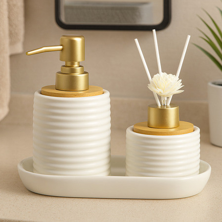 Ensemble de 2 Accessoires de Salle de Bain Moderne Blanc et Doré