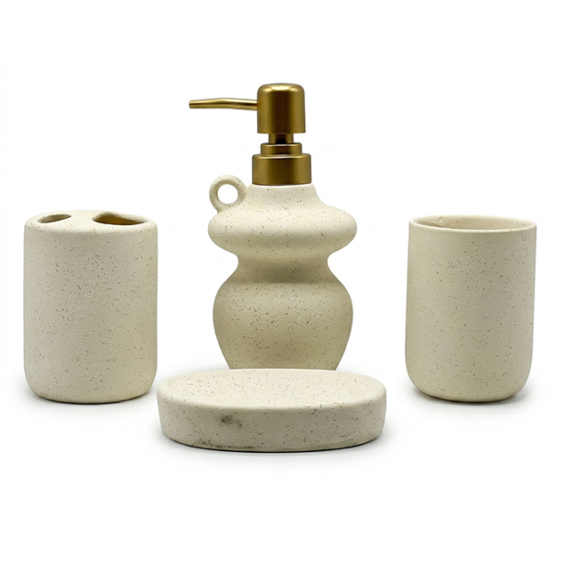 Ensemble 4 Pièces d'Accessoires de Salle de Bain Crème et Doré Moucheté