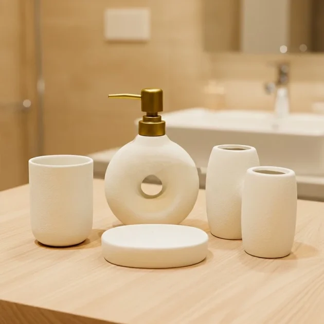 Ensemble Moderne de 5 Accessoires de Salle de Bain Crème et Doré