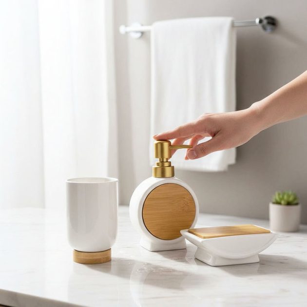 Ensemble d'Accessoires de Salle de Bain 3 Pièces Style Moderne Blanc, Doré et Bois Clair