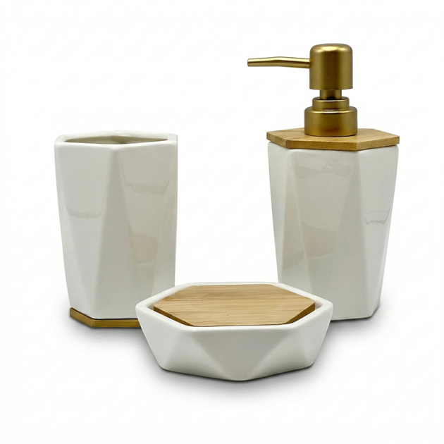 Ensemble 3 Pièces d'Accessoires de Salle de Bain Blanc et Doré