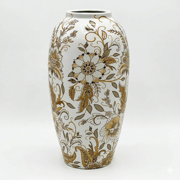 Vase Classique Floral Blanc et Doré