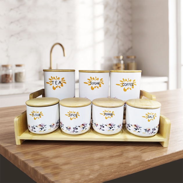 Ensemble de 7 Boîtes de Rangement de Cuisine avec Support en Bois