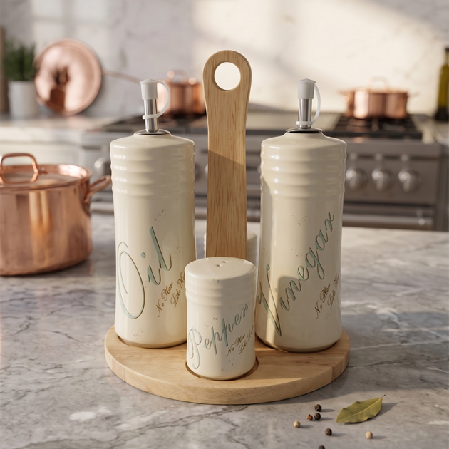 Ensemble de Condiments de Cuisine Rustique 4 Pièces avec Support