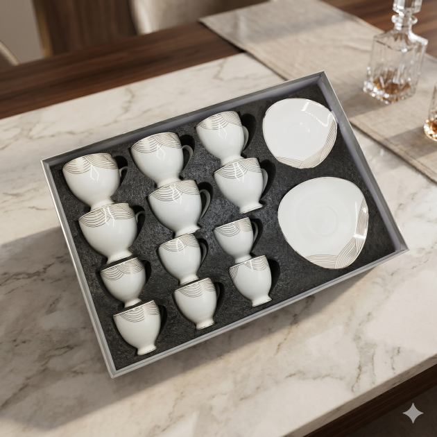 Service à Café Élégant 24 Pièces : Tasses et Soucoupes Blanc et Doré
