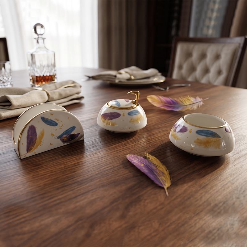 Ensemble Moderne 3 Pièces d'Accessoires de Table. Motifs Plumes