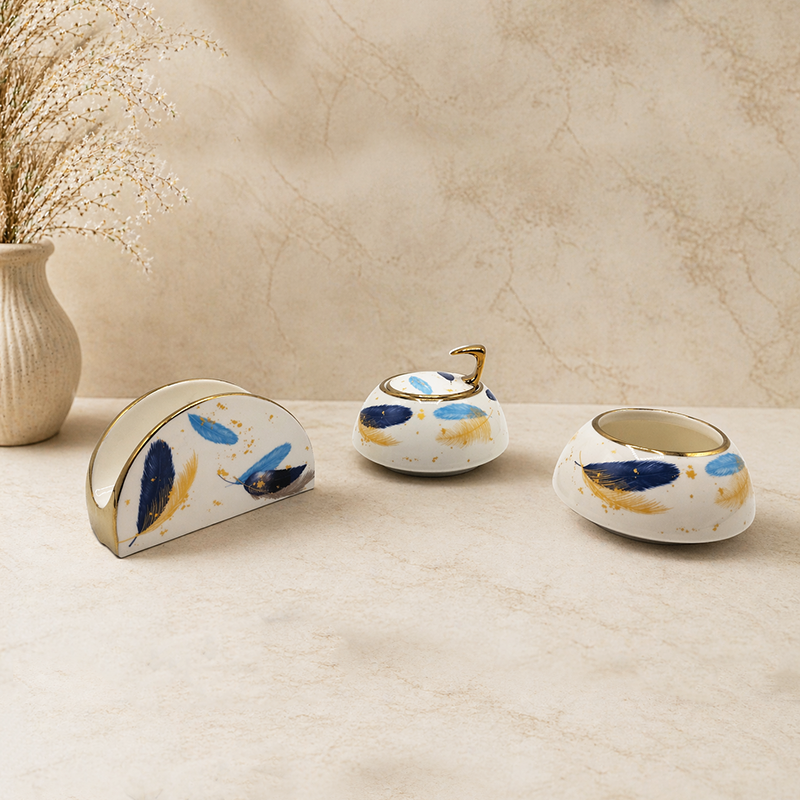 Ensemble Moderne 3 Pièces d'Accessoires de Table. Motifs Plumes