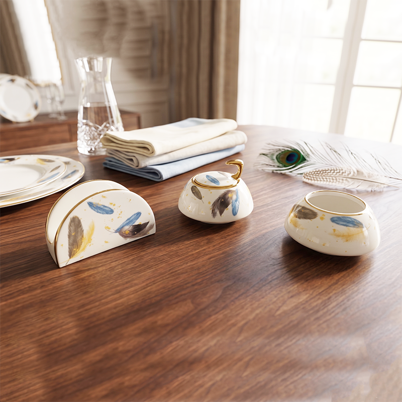 Ensemble Moderne 3 Pièces d'Accessoires de Table. Motifs Plumes