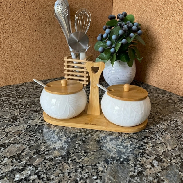 Duo de pots à épices en céramique blanche et socle en bambou avec poignée