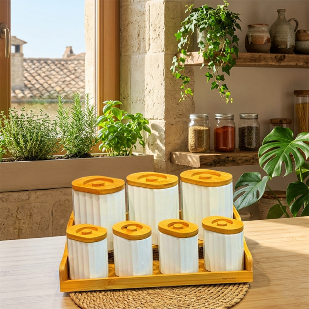Ensemble de Rangement Cuisine 7 Pièces Moderne Blanc et Bois Clair