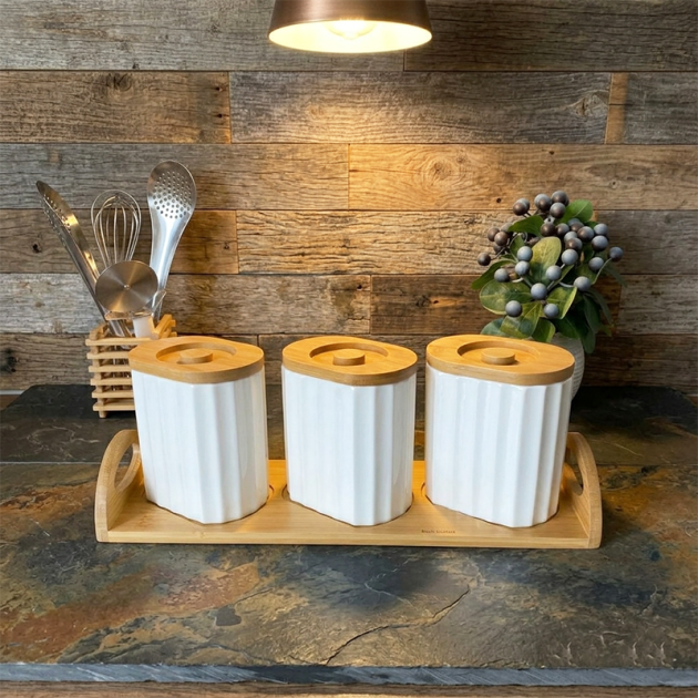 Set de 3 Pots de Conservation Design – Céramique Blanche & Bois