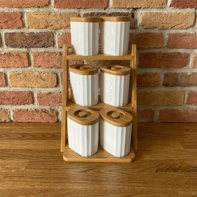 Ensemble de 7 Pots de Rangement Blancs avec Couvercles et Support en Bois Clair