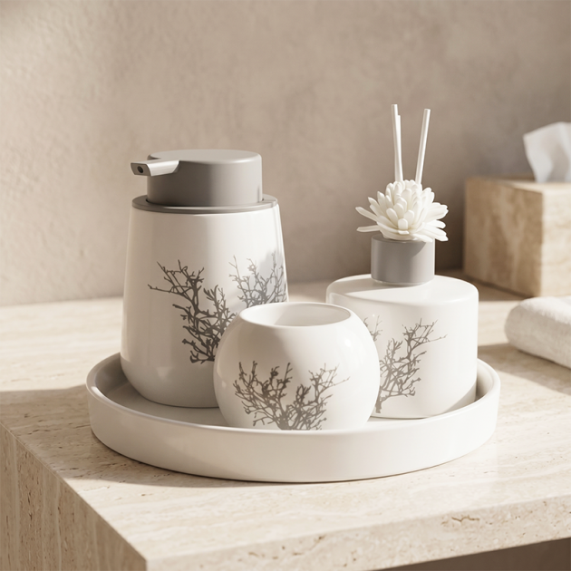 Ensemble de 4 accessoires de salle de bain Moderne Blanc cassé et Gris