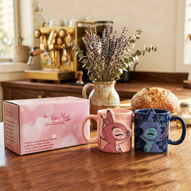 Ensemble de 2 Mugs Fantaisie Rose et Bleu  MOTIF STITCH