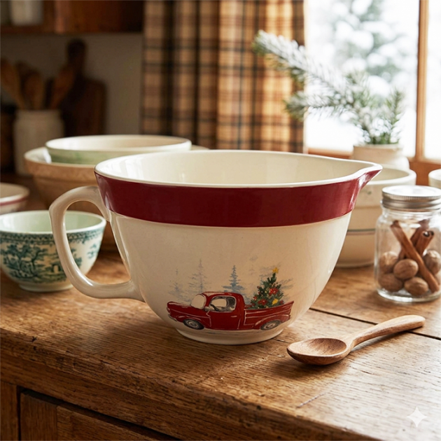 Bol Mélangeur Vintage de Noël avec Motif Camion Rouge