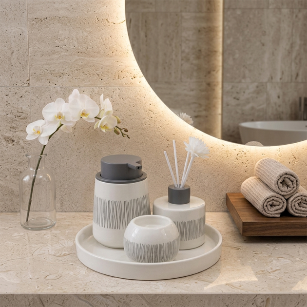 Ensemble de 4 accessoires de salle de bain Moderne Blanc cassé et Gris