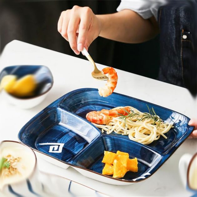 Plateau Repas Compartimenté en Céramique – Style Japonais Bleu Marine