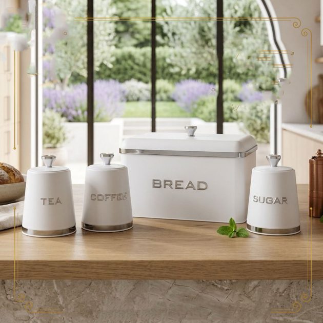 Ensemble de Boîtes de Conservation Cuisine 4 Pièces – Boîte à Pain avec Pots à Thé, Café et Sucre