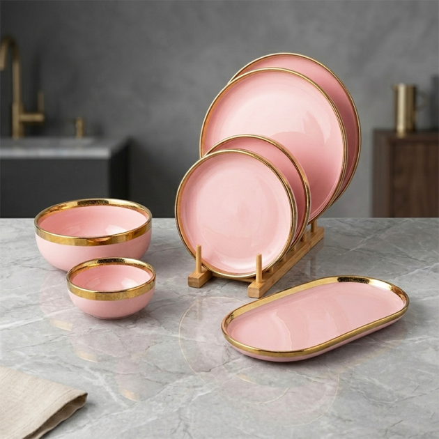 Service de Table Rose Élégant à Bordure Dorée ((26 pièces))