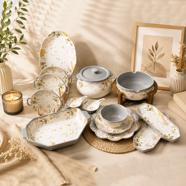 Service de Vaisselle Floral Élégant 32 Pièces – Motif Feuilles Dorées et Gris Perle