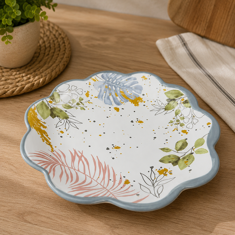 Service de Vaisselle Floral Élégant 32 Pièces – Motif Feuilles Dorées et Gris Perle – Image 4