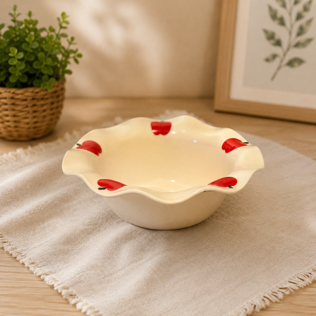 un grand bol en Céramique à Bord Ondulé – Collection Pomme Rouge