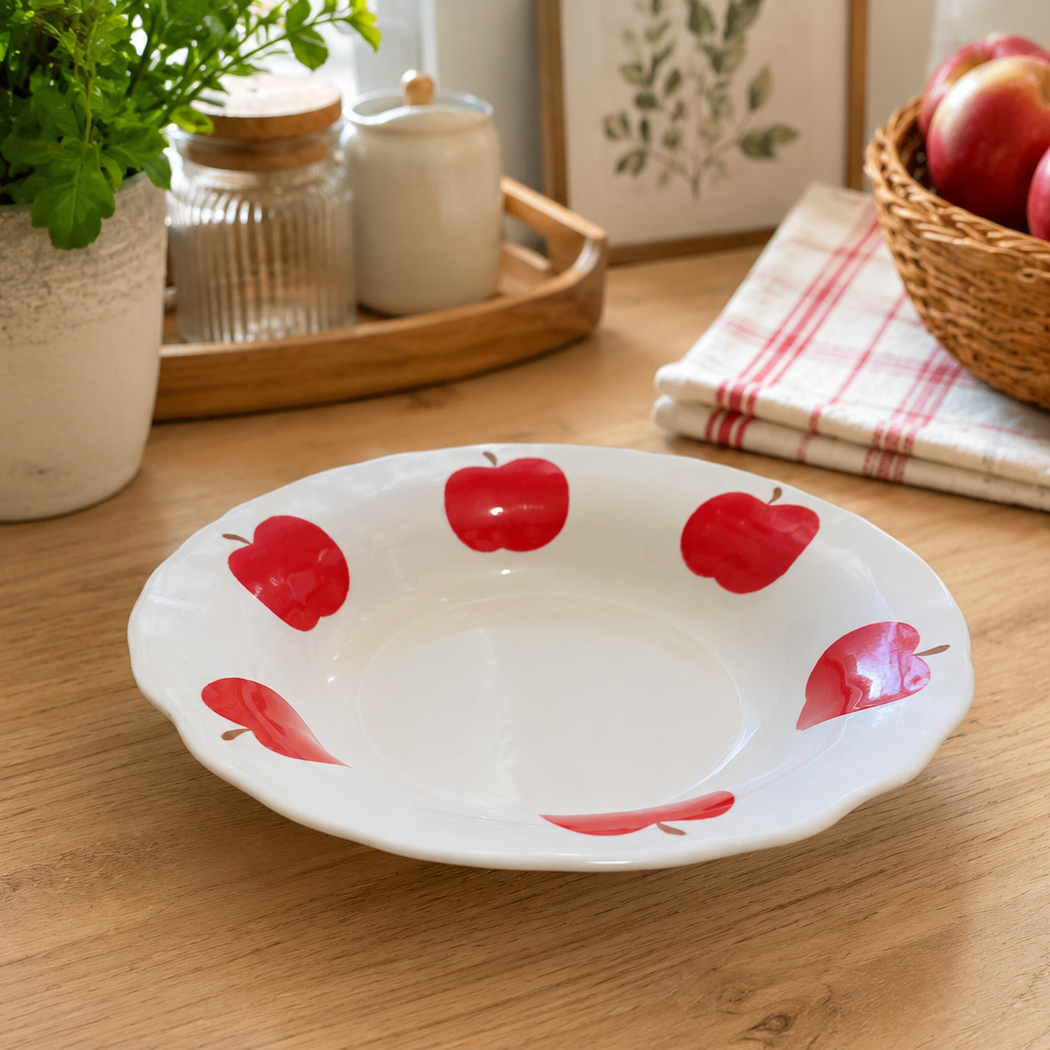 Assiette Creuse en Céramique - Motif Pommes Rouges et Bords Festonnés