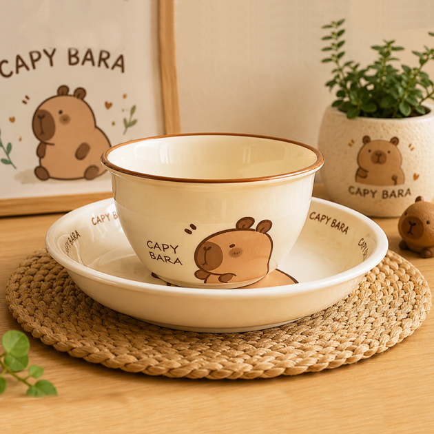 Ensemble Bol et Assiette Capybara en Céramique – Vaisselle Adorable pour Enfants