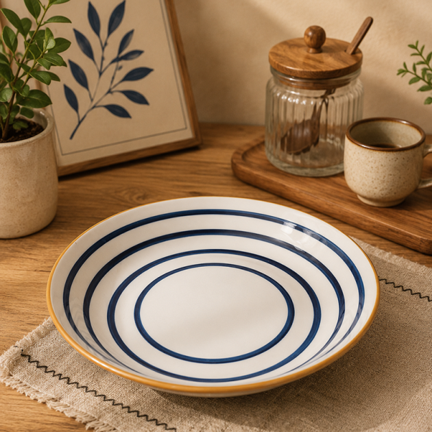 Assiette Creuse en Céramique à Rayures Bleues – Style Japonais Élégant