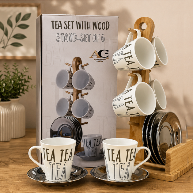 Service à Thé 6 Pièces avec Support en Bois – Tasses en Céramique Élégantes