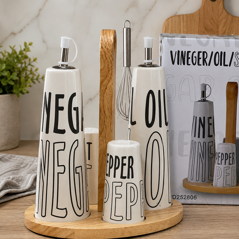 Ensemble Huilier & Vinaigrier en Céramique – Design Moderne avec Support en Bois