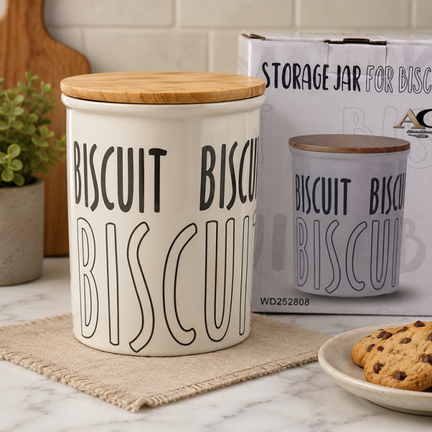 Bocal à Biscuits en Céramique avec Couvercle en Bambou – Design Moderne et Hermétique