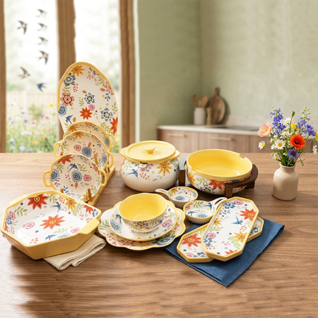 Service de Vaisselle Floral Élégant 32 Pièces – Motif jaune a fleur