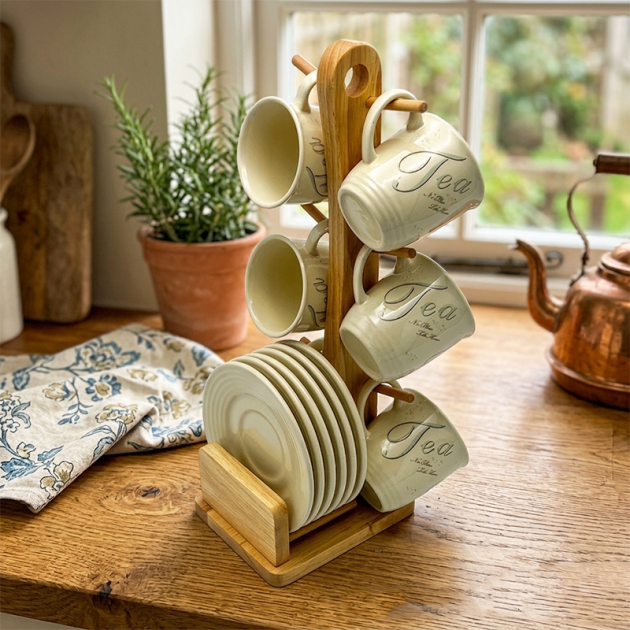 Service à Thé en Céramique 13 Pièces – 6 Tasses, 6 Soucoupes avec Support