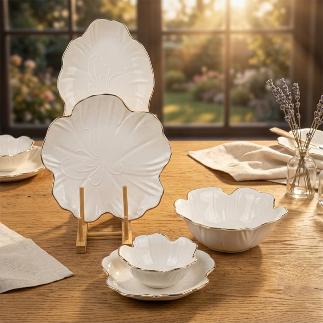Service de Table Élégance Florale Blanc & Doré 20 pieces