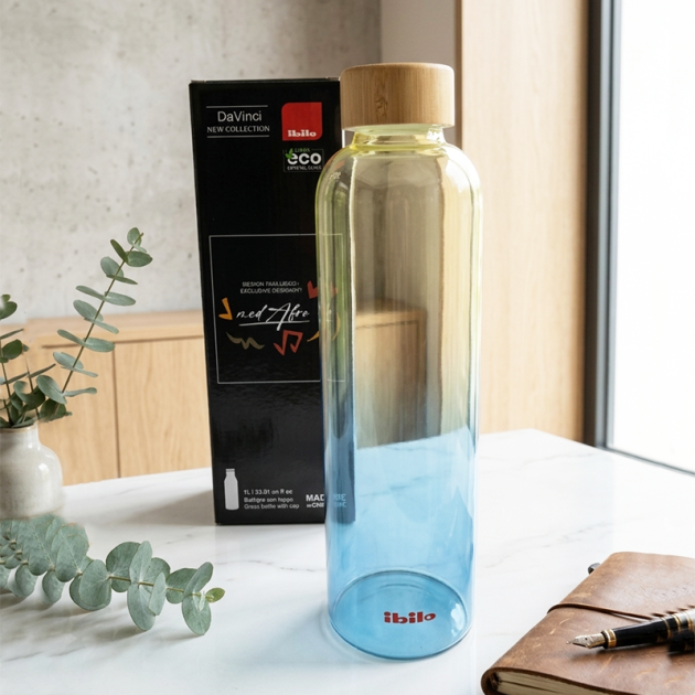 Bouteille en Verre Ibilo DaVinci 1 L – Élégance et Fraîcheur au Quotidien avec couvercle en bambou