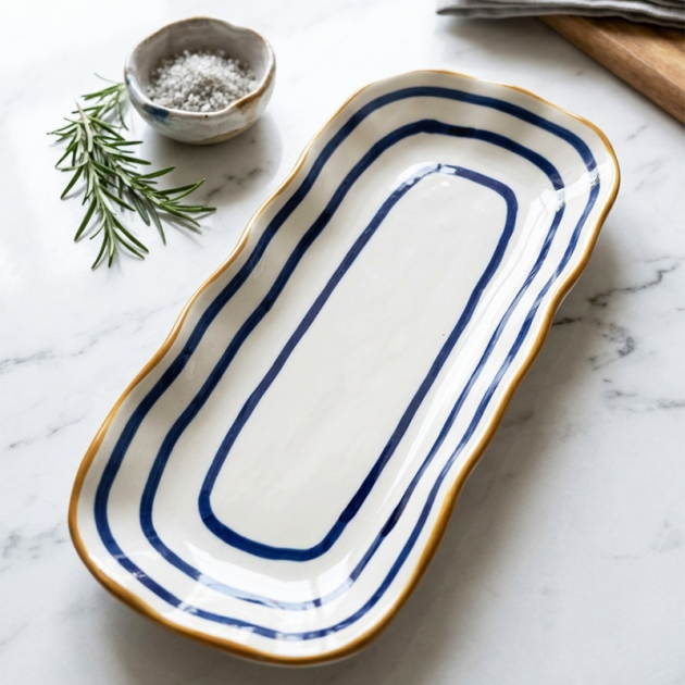 Plateau de Service Japonais en Céramique – Design Élégant à Rayures Bleues