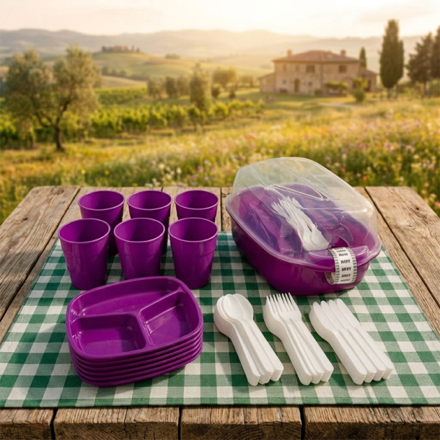 Set de Pique-Nique Complet 24 Pièces Violet – Vaisselle Réutilisable pour 6 Personnes