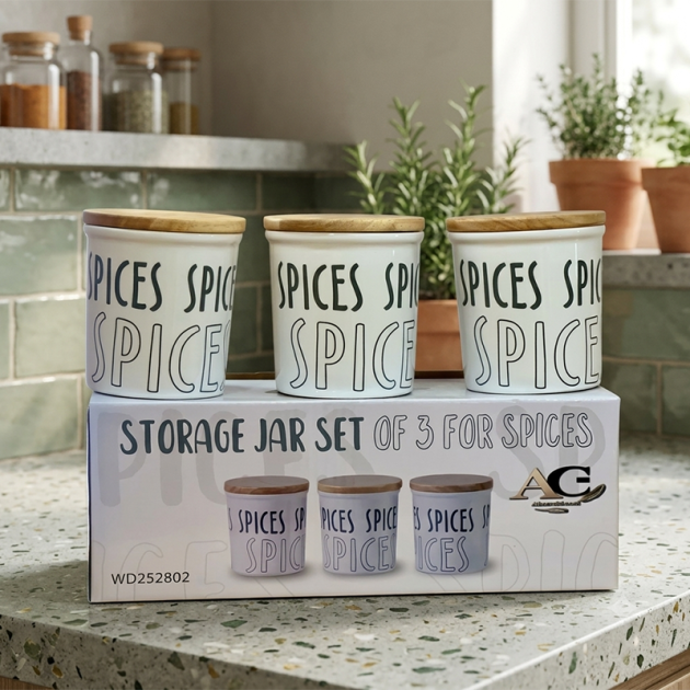 Lot de 3 Pots à Épices en Céramique avec Couvercles en Bambou – Design Moderne