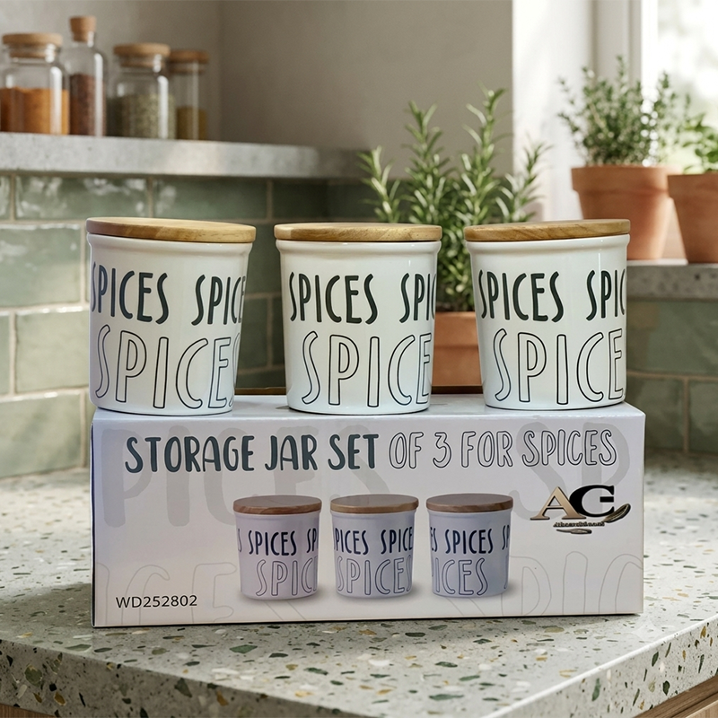 Lot de 3 Pots à Épices en Céramique avec Couvercles en Bambou – Design Moderne