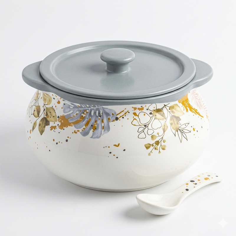 Service de Vaisselle Floral Élégant 32 Pièces – Motif Feuilles Dorées et Gris Perle – Image 7