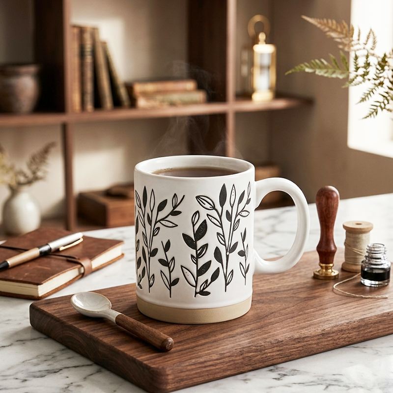 Shop en Céramique Motif Feuillage Noir et blanc