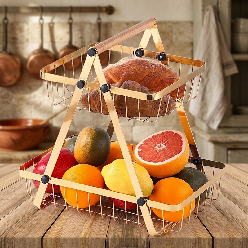 Panier à Fruits 2 Niveaux en Métal Doré – Présentoir Élégant pour Cuisine