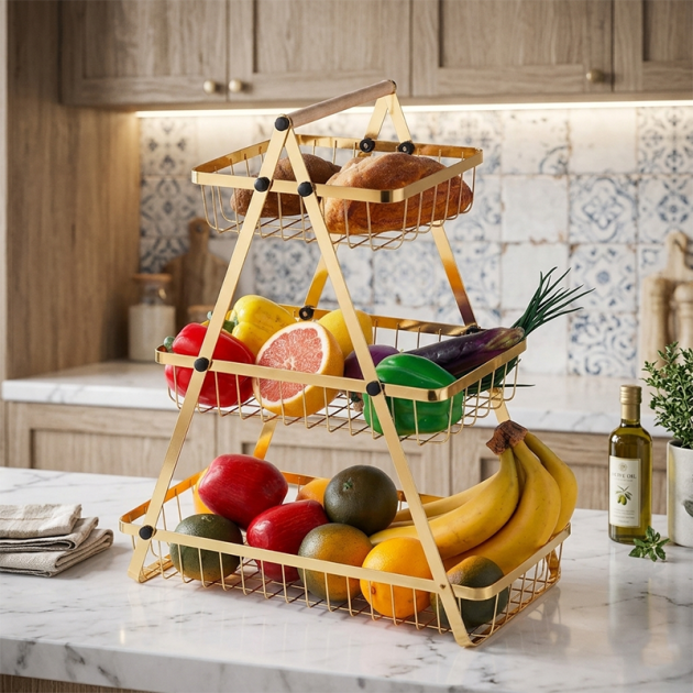 Panier à Fruits 3 Niveaux en Métal Doré – Présentoir Élégant pour Cuisine