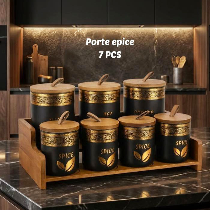 Porte-Épices avec support Premium 7 Pièces – Noir et Finitions Dorées