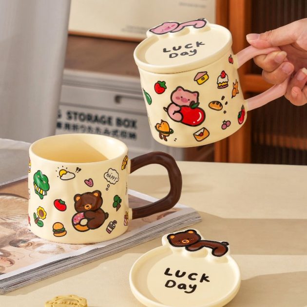 Mug en céramique en forme de cochon/ours porte-bonheur avec couvercle