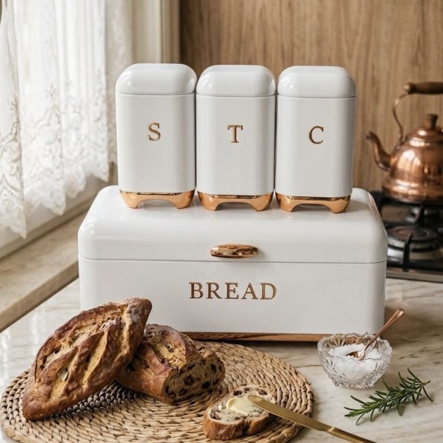 Ensemble Boîte à Pain avec 3 Boîtes de Conservation – Design Élégant Blanc et Doré (4 Pièces)