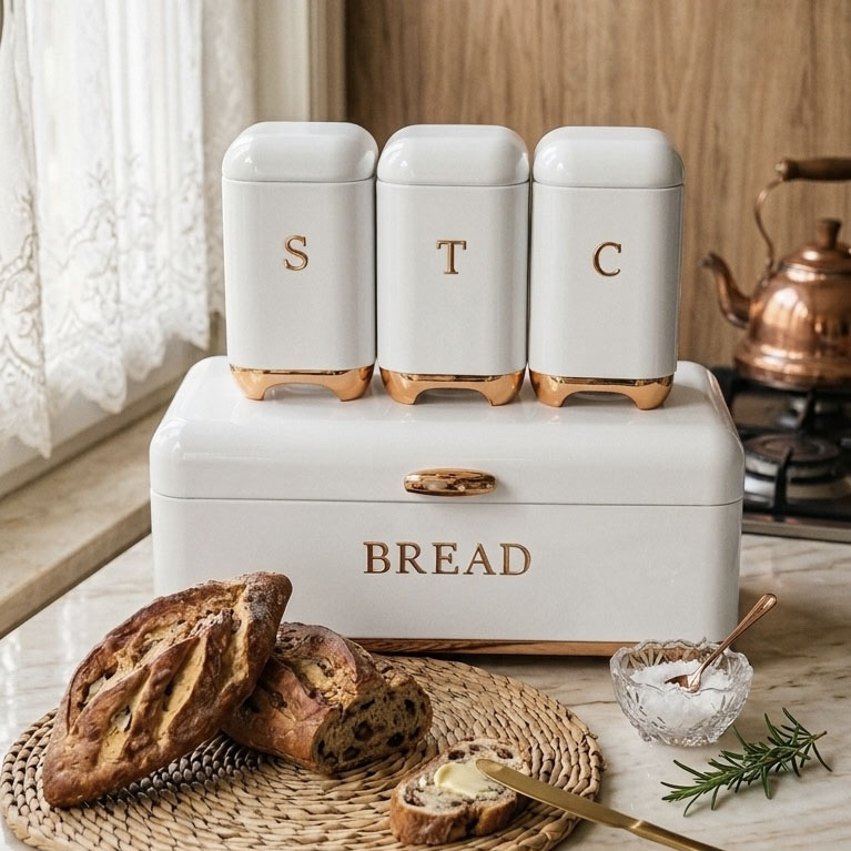 Ensemble Boîte à Pain avec 3 Boîtes de Conservation – Design Élégant Blanc et Doré (4 Pièces)