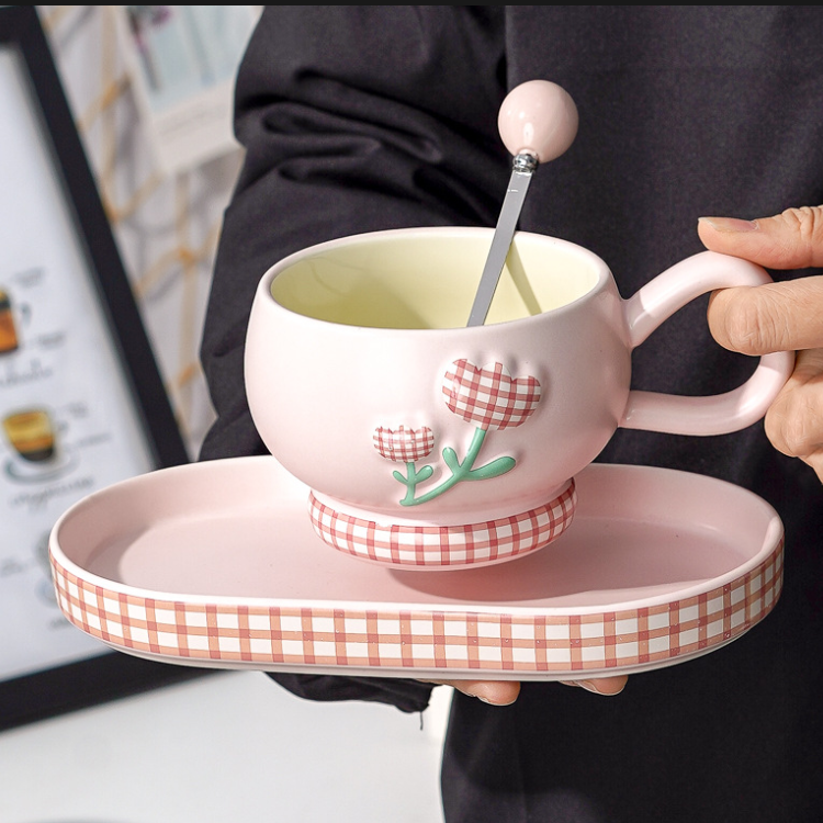 Ensemble tasse à café en céramique à motif floral, avec plateau et cuillère – Image 2