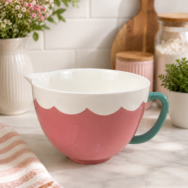 Bol Doseur en Céramique Rose avec Bec Verseur et Poignée Verte – Design Élégant & Grande Capacité